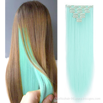 Wholesale 22inch Cheap Blue Ombre Long Silky Straight 7Pcs 16 Clips Heat Resistant Synthetic Clip In Hair Extension For Women